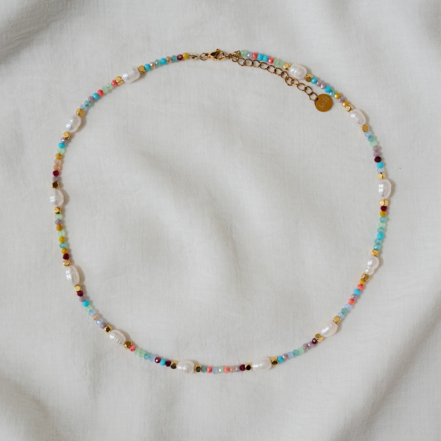Dainty Gold Layering Necklace: Beaded Pearl & Bright Color Glass - Minimalist Boho