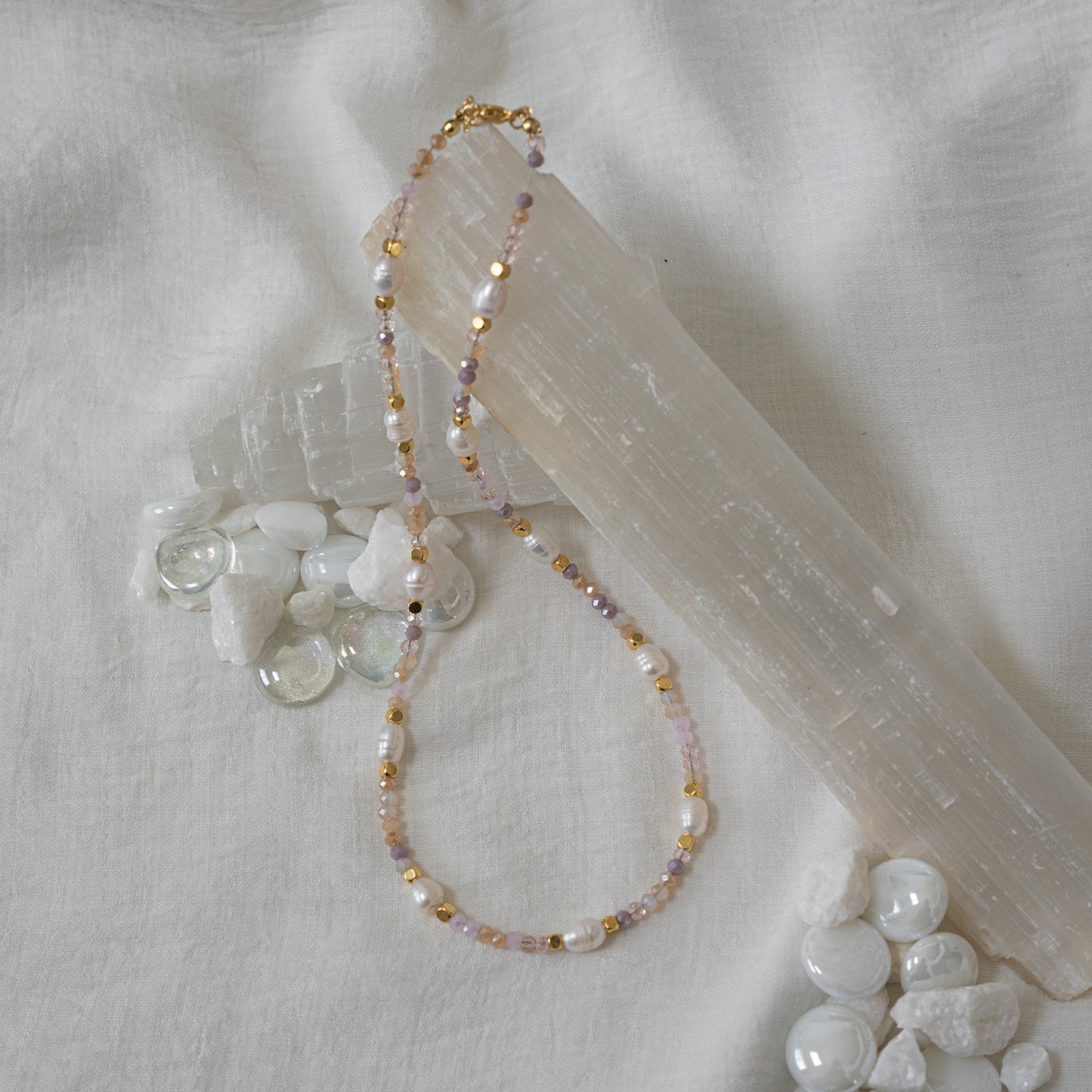 Dainty Gold Layering Necklace: Beaded Pearl & Light Color Glass - Minimalist Boho