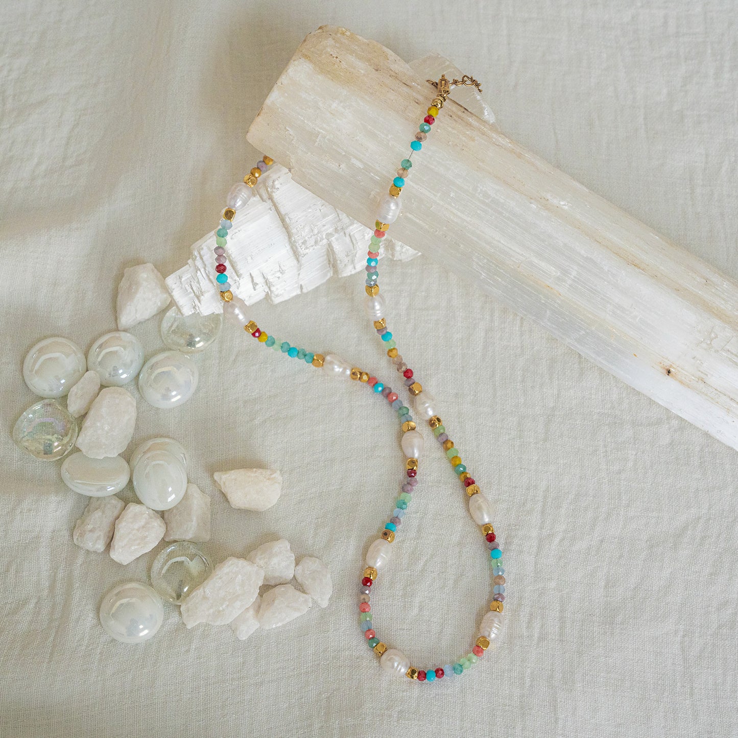 Dainty Gold Layering Necklace: Beaded Pearl & Bright Color Glass - Minimalist Boho