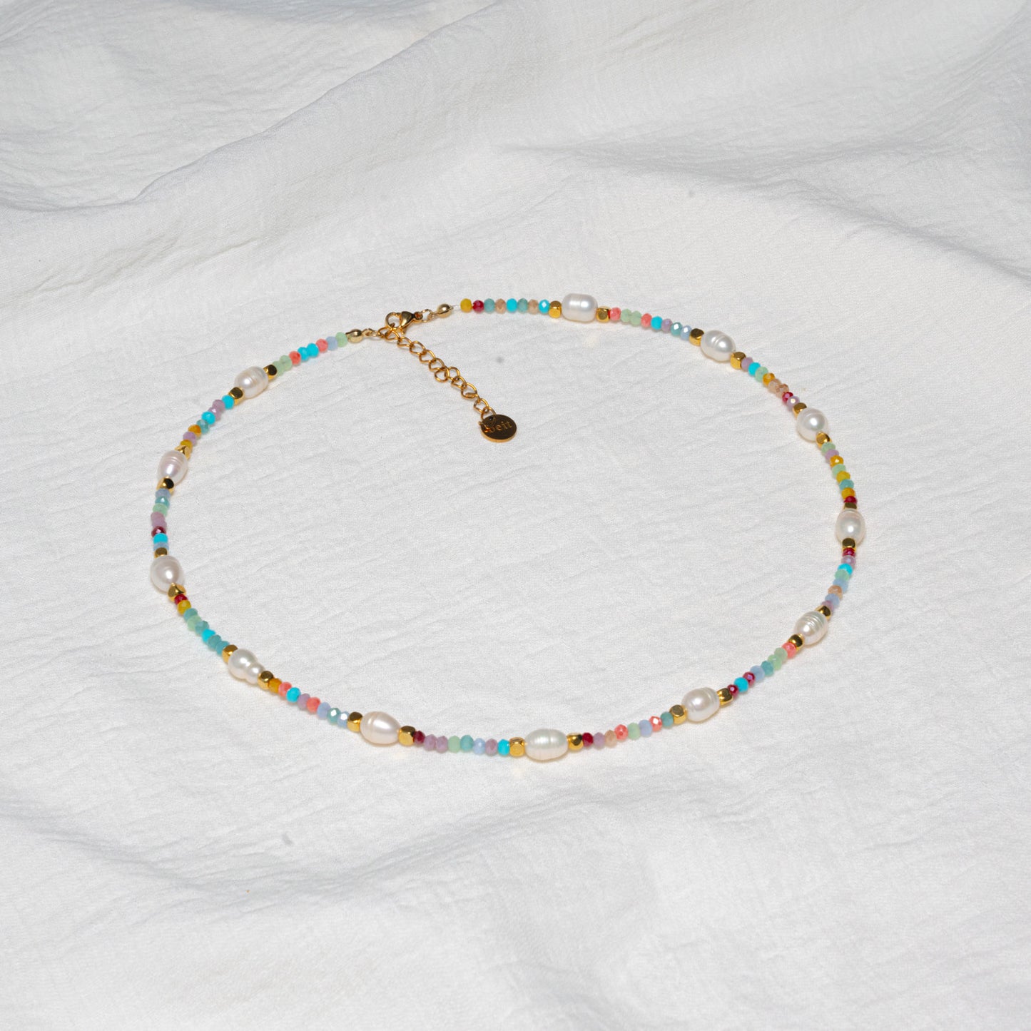 Dainty Gold Layering Necklace: Beaded Pearl & Bright Color Glass - Minimalist Boho