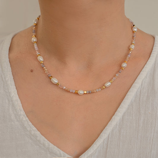 Dainty Gold Layering Necklace: Beaded Pearl & Light Color Glass - Minimalist Boho