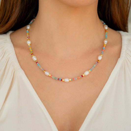 Dainty Gold Layering Necklace: Beaded Pearl & Bright Color Glass - Minimalist Boho